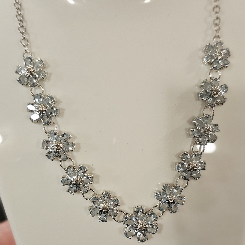 104 - Womens White Gold Diamonds & Swiss Blue Topaz 17-inch Designer Necklace
